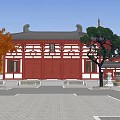 Traditional Commercial Street with Ancient Chinese Tower Autumn Trees Stone Bridge and Pond