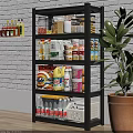 Black Metal Kitchen Storage Shelf With Food Items And Cleaning Supplies Against White Brick Wall