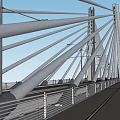 Modern Cable Stayed Bridge With Tall Towers Steel Cables Roadway Railings And Street Lamps