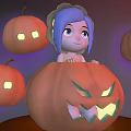 Cartoon Girl With Blue Hair Sitting In Halloween Pumpkin Surrounded By Glowing Small Pumpkins