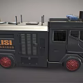 Black Police Armored Vehicle With Red Yellow Front Bumper Red Wheels And Roof Equipment