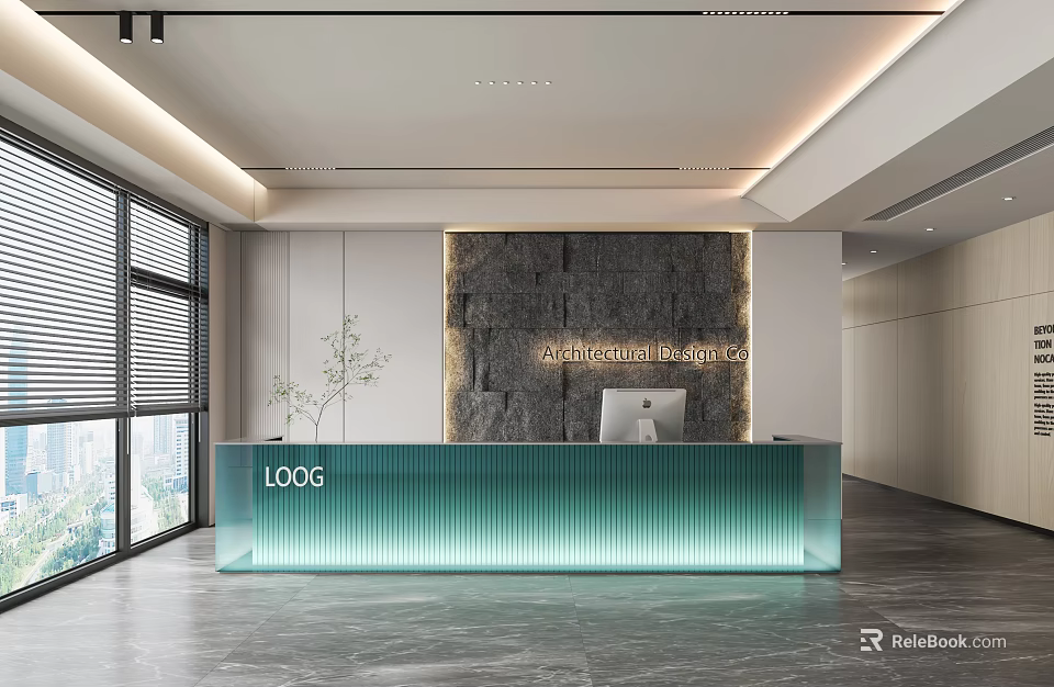 Modern Front Desk Reception Area With Glass Counter Textured Wall And LOOIS Branding In Bright Office 3d model 