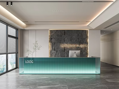 Modern Front Desk Reception Area With Glass Counter Textured Wall And LOOIS Branding In Bright Office 3d model