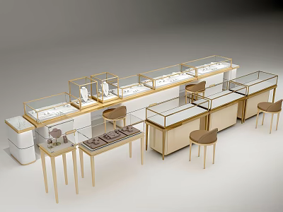 Luxury Jewelry Store Interior With Glass Display Cases Gold Frames And Comfortable Seating 3d model