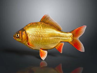 Shiny Golden Goldfish With Red Fins And Tail On Gray Background 3d model