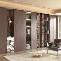 Modern Dark Wood Bookshelf In Living Room With Books Chair Plant And Decorations