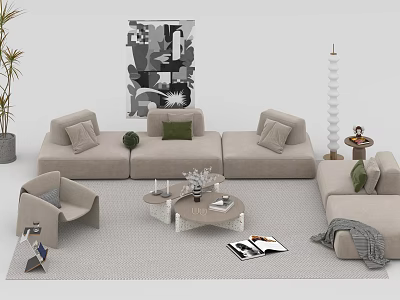 Modern Beige Sofa And Coffee Table Set With Decorative Pillows And Rugs 3d model