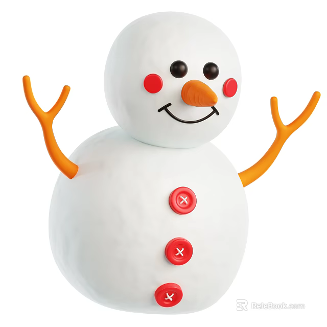 Snowman Decorative Ornament Set With White Body Black Eyes Orange Carrot Nose Red Buttons 3d model 