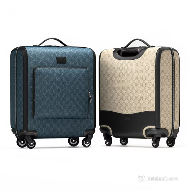 Two Fashionable Luggage Suitcases Featuring Blue And Beige Patterned Exteriors With Wheels 3d model 