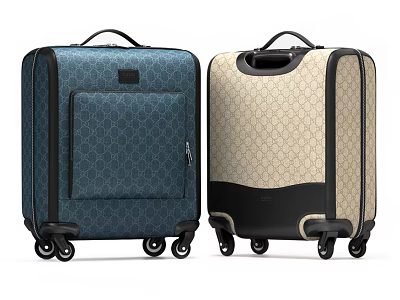 Two Fashionable Luggage Suitcases Featuring Blue And Beige Patterned Exteriors With Wheels 3d model