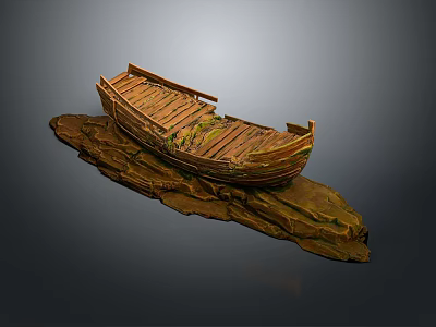 Weathered Wooden Boat With Moss Covered Planks Resting On Rocky Surface 3d model