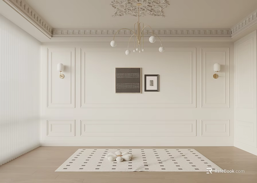 Minimalist Living Room Wall Design With Paneling Art And Chandelier 3d model 