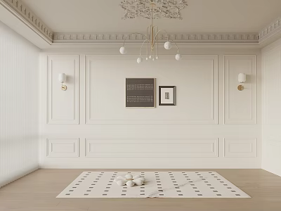 Minimalist Living Room Wall Design With Paneling Art And Chandelier 3d model