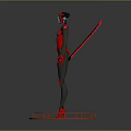 3D Female Character Model With Red Black Design Blue Glowing Elements Knife On Circular Platform