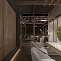 Modern Japanese Style Tea House Interior With Wooden Grilles Open Space And Warm Lighting