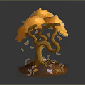 Yellow Tree With Curved Branches Falling Leaves Small Flowers And Butterflies At Base In Autumn