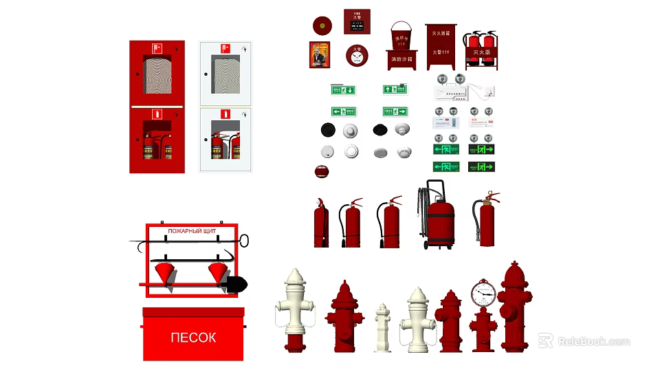 Fire Equipment Collection Including Fire Extinguishers Hydrants Cabinets Alarm Buttons And Safety Signs 3d model 