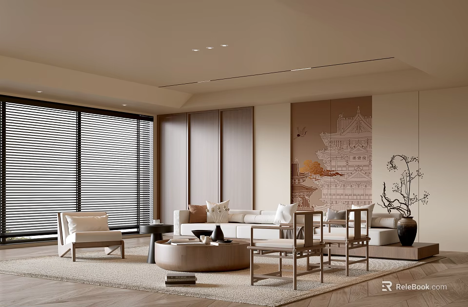 Elegant Modern Living Room Interior With Sofa Coffee Table Chairs And Large Windows With Blinds 3d model 