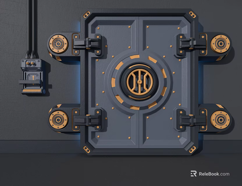 Heavy Duty Dark Blue Secure Door With Gold Accents Central Logo And Side Control Panel 3d model 