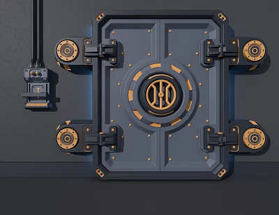 Heavy Duty Dark Blue Secure Door With Gold Accents Central Logo And Side Control Panel 3d model