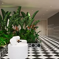 Modern Beauty Hair Salon Interior With White Styling Chairs Marble Floor Large Screen And Green Plants