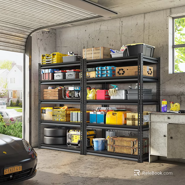 Garage Interior With Metal Storage Shelves Yellow Bins Tires And Tools 3d model 