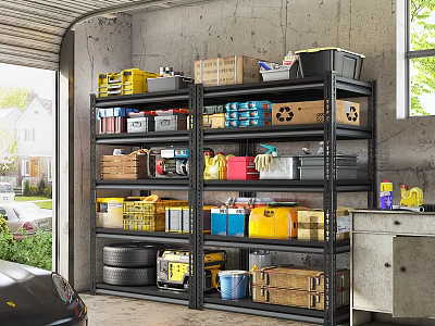 Garage Interior With Metal Storage Shelves Yellow Bins Tires And Tools 3d model