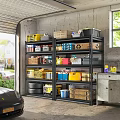 Garage Interior With Metal Storage Shelves Yellow Bins Tires And Tools