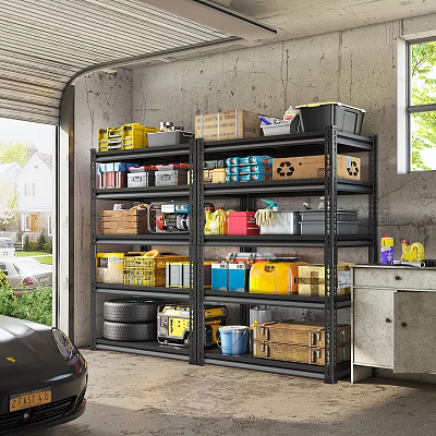Garage Interior With Metal Storage Shelves Yellow Bins Tires And Tools 3d model