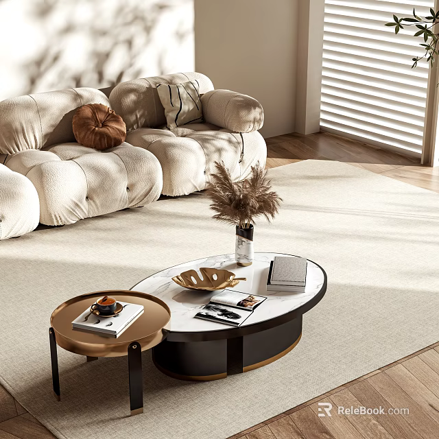 Modern Living Room Coffee Table with Marble Top Decorative Vase Magazines and Tray 3d model 