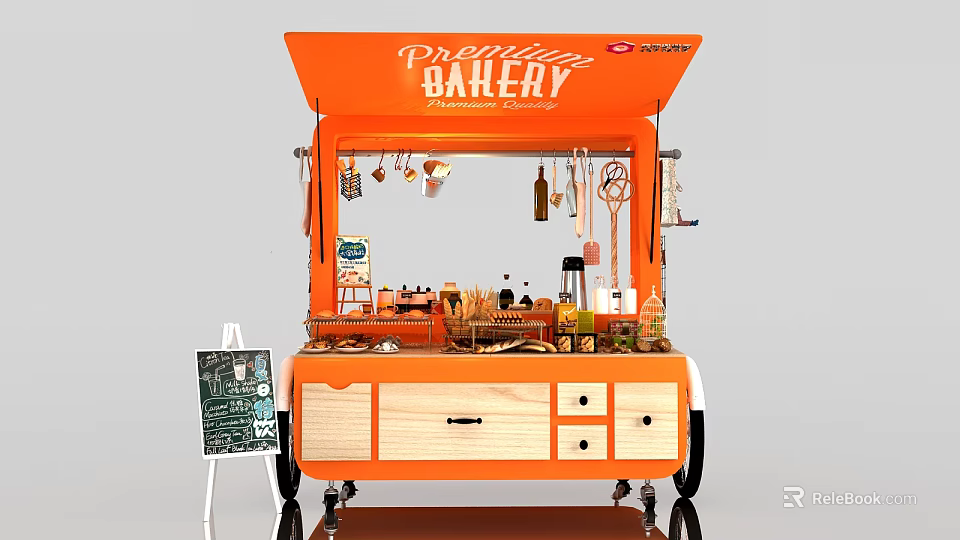Orange Mobile Premium Bakery Cart With Displayed Baked Goods Drawers And Wheels 3d model 