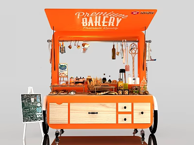 Orange Mobile Premium Bakery Cart With Displayed Baked Goods Drawers And Wheels 3d model
