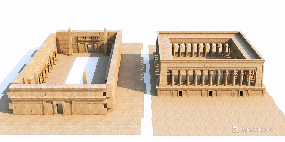 Ancient Egyptian Temple Architecture With Stone Courtyard Columns And Steps 3d model 