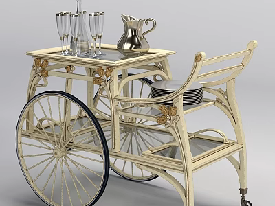 Decorative Vintage Serving Cart with Ornate Details Large Wheels Silver Kettle and Glasses 3d model