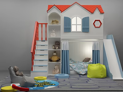 House Shaped Bunk Bed With Red Roof Blue Shutters Slide And Storage Stairs 3d model