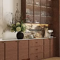Wooden Sideboard with Glass Door Display Shelves Built-in Lighting and Vase with Flowers