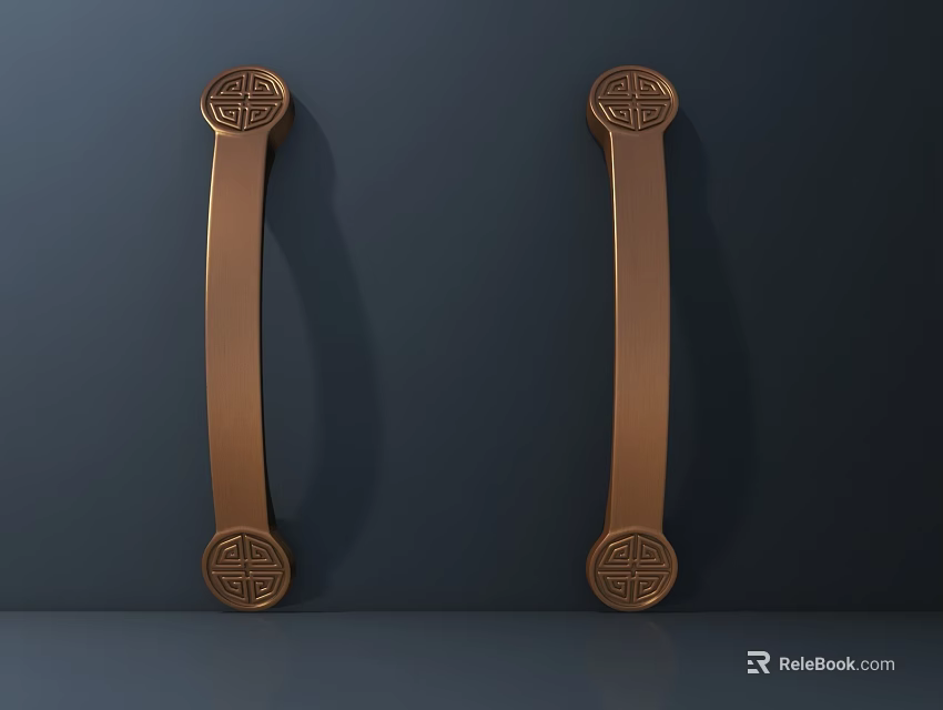 Two Copper Decorative Door Handles With Ornate Patterns Against Dark Background 3d model 