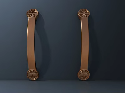 Two Copper Decorative Door Handles With Ornate Patterns Against Dark Background 3d model