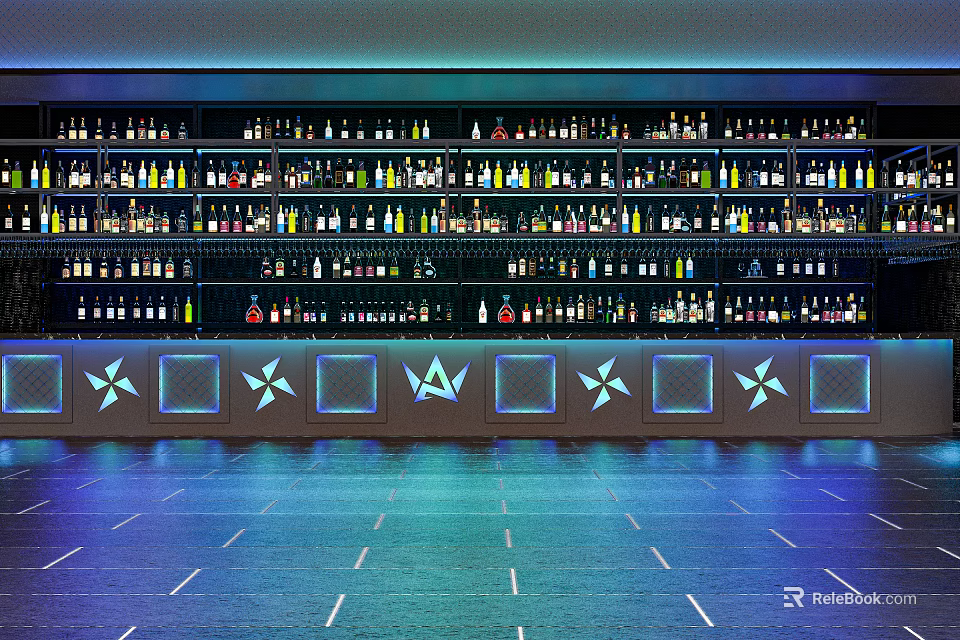 Stylish Bar Counter with Illuminated Shelves and Various Liquor Bottles Setup 3d model 