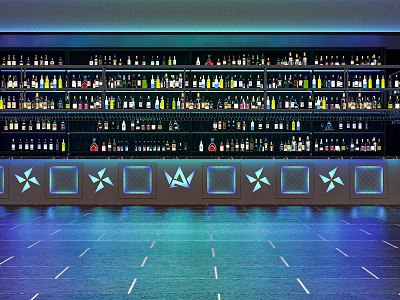 Stylish Bar Counter with Illuminated Shelves and Various Liquor Bottles Setup 3d model