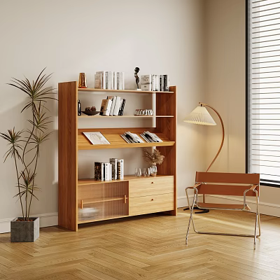 Modern Wooden Bookcase with Books Decorations Floor Lamp and Indoor Plant in Room Corner 3d model
