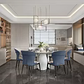 Modern Living and Dining Room Interior Design With Sofa Fireplace Artwork Blue Chairs Dining Table