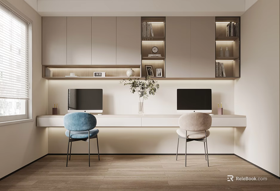 Modern Study Room With Long Desk Two Monitors Blue Beige Chairs Bookshelves And Potted Plant 3d model 