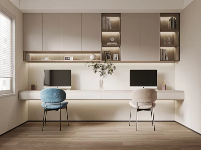 Modern Study Room With Long Desk Two Monitors Blue Beige Chairs Bookshelves And Potted Plant 3d model