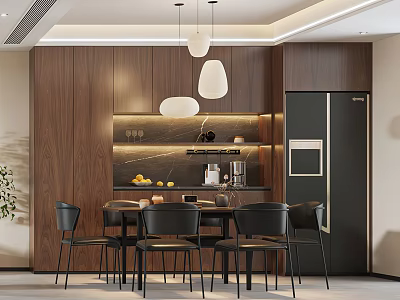 Modern Restaurant Dining Area With Open Kitchen Wooden Walls And Pendant Lights 3d model