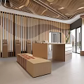 Modern Interior Showroom With Wooden Display Panels Reception Counter And Wavy Ceiling Design