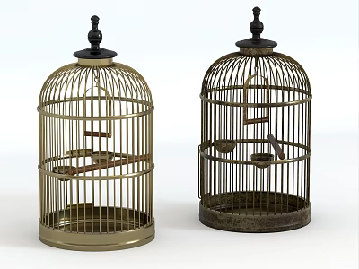 Two Decorative Metal Birdcages With Ornate Tops And Removable Trays 3d model