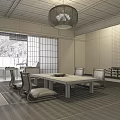 Japanese Washitsu Reception Room With Tatami Wooden Furniture Shoji Doors Hanging Lamp And Wall Art
