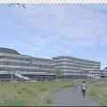 Modern Glass Facade Office Building With Green Area Pedestrians And Pathway