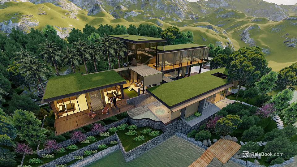 Modern Detached Villa With Green Roof Open Design Swimming Pool And Mountain Views 3d model 